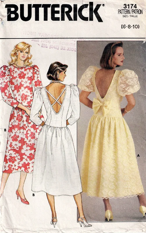 Butterick 3174 Womens Drop Waisted V Back Evening Bridesmaids Prom Dress with Puff or Long Sleeves 1980s Vintage Sewing Pattern Size 6 - 10 Butterick 3174 Womens Drop Waisted V Back Evening Bridesmaids Prom Dress with Puff or Long Sleeves 1980s Vintage Sewing Pattern Size 6 - 10