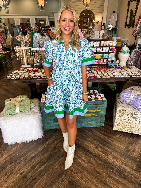 Blue Green Striped Floral Dress