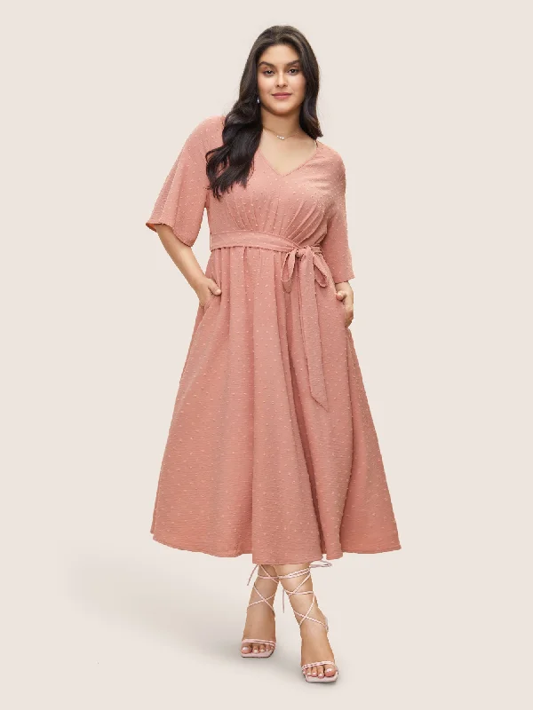 Solid Texture Belted Ruffle Sleeve Dress