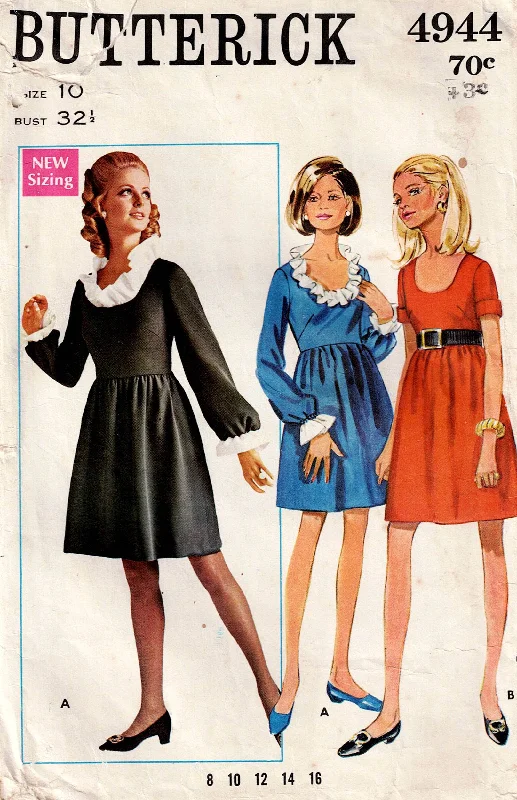 Butterick 4944 Womens High Waisted Dress with Optional Ruffles 1960s Vintage Sewing Pattern Size 12 Bust 32.5 inches Butterick 4944 Womens High Waisted Dress with Optional Ruffles 1960s Vintage Sewing Pattern Size 12 Bust 32.5 inches