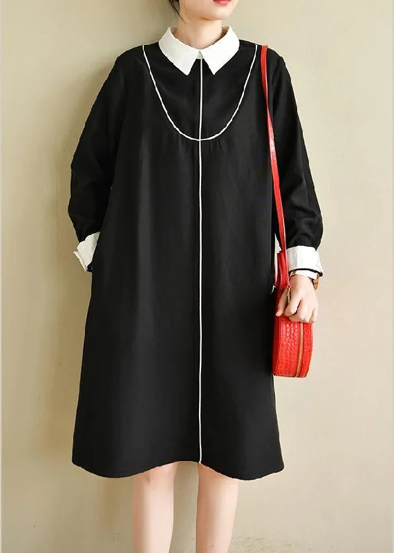 Plus Size Black Peter Pan Collar  Button Spring Long Dresses