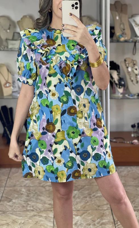 Flowers and Scallop Details Dress