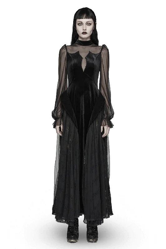 Elegant Black Velvet Mesh Dress with Gothic Charm