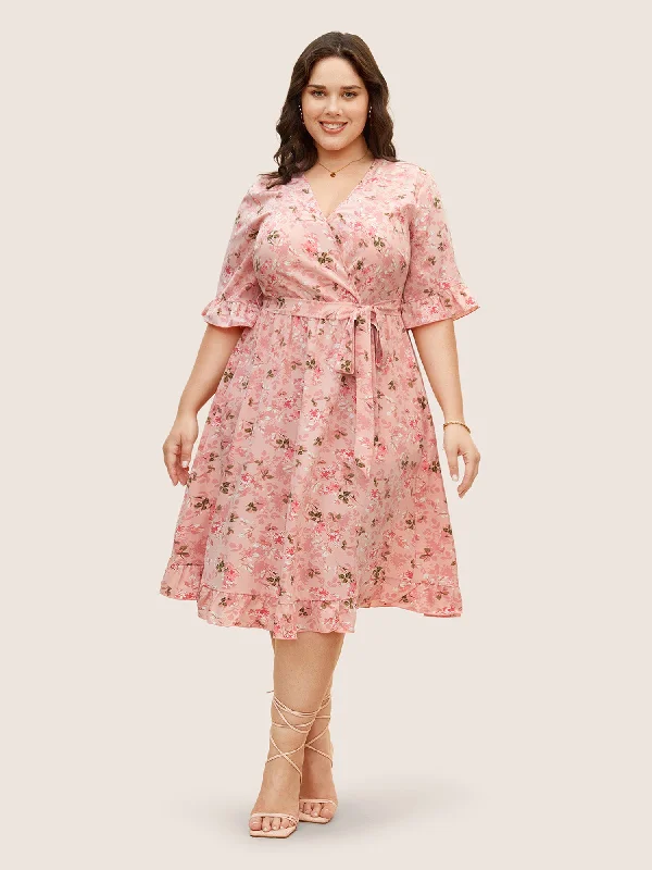 Floral Overlap Collar Belted Ruffles Dress
