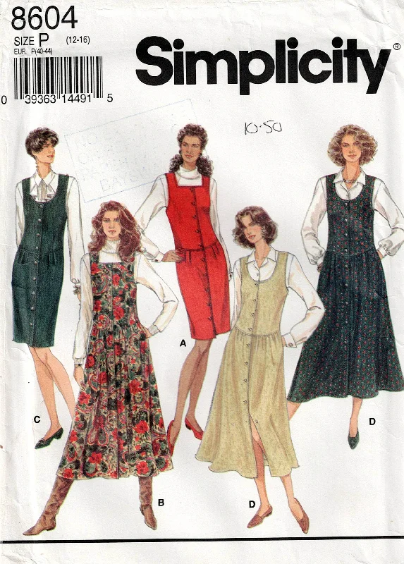 Simplicity 8604 Womens Button Front Slim or Flared Pinafore Jumper Dress 1990s Vintage Sewing Pattern Size 12 - 16 UNCUT Factory Folded Simplicity 8604 Womens Button Front Slim or Flared Pinafore Jumper Dress 1990s Vintage Sewing Pattern Size 12 - 16 UNCUT Factory Folded