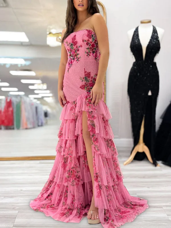 Liko | Pink Strapless Sequins Floral Printed Ruffle Tiered Mermaid Prom Dresses With Slit