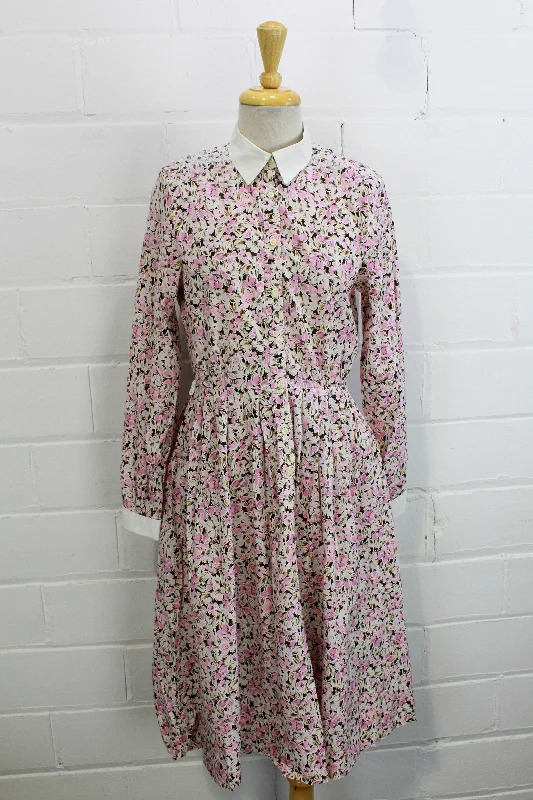Vintage 80s does 50s Horrockses Pink Floral Print Cotton Shirtwaist Dress, Small
