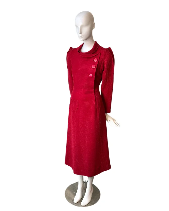 Vintage 1930s Red Wool Long Sleeve Day Dress, Medium