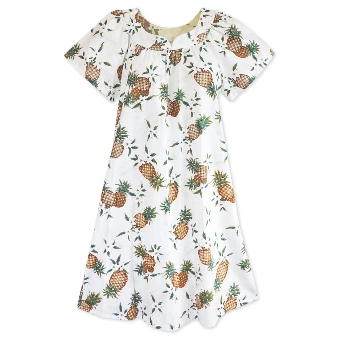 Pineapple Jam White Hawaiian Maile Tea Muumuu Dress