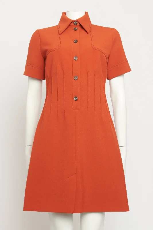 Orange Crepe Preowned Pintuck Button Up Dress