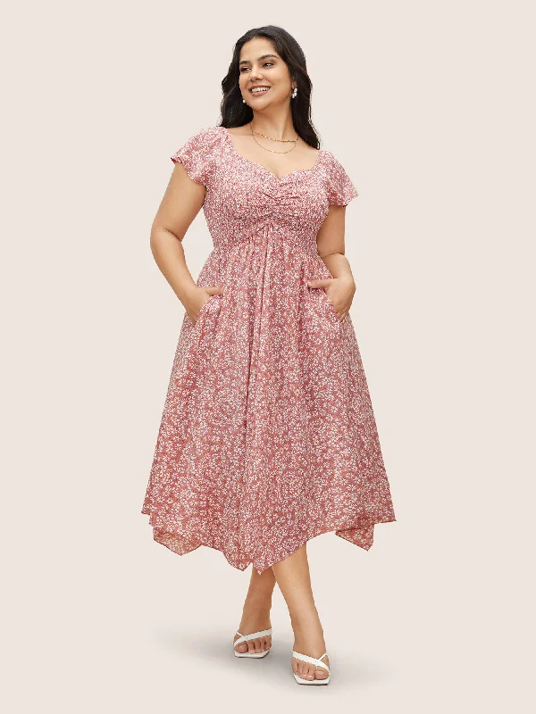 Ditsy Floral Heart Neckline Ruched Ruffle Sleeve Dress
