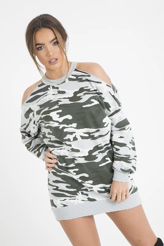 Light Camo Cold Shoulder Jumper Dress - Acacia