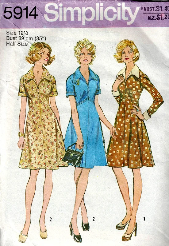 Simplicity 5914 Womens Half Size Zip Front Dress with Wide Collar 1970s Vintage Sewing Pattern Sizes 12 1/2 Bust 35 inches