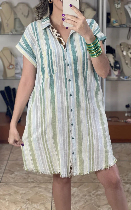 Teal Mix Stripes Button Down Dress