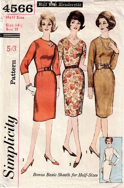 Simplicity 4566 Womens Classic Half Size Sheath Dress 1960s Vintage Sewing Pattern Size 14 1/2 Bust 35 inches Simplicity 4566 Womens Classic Half Size Sheath Dress 1960s Vintage Sewing Pattern Size 14 1/2 Bust 35 inches