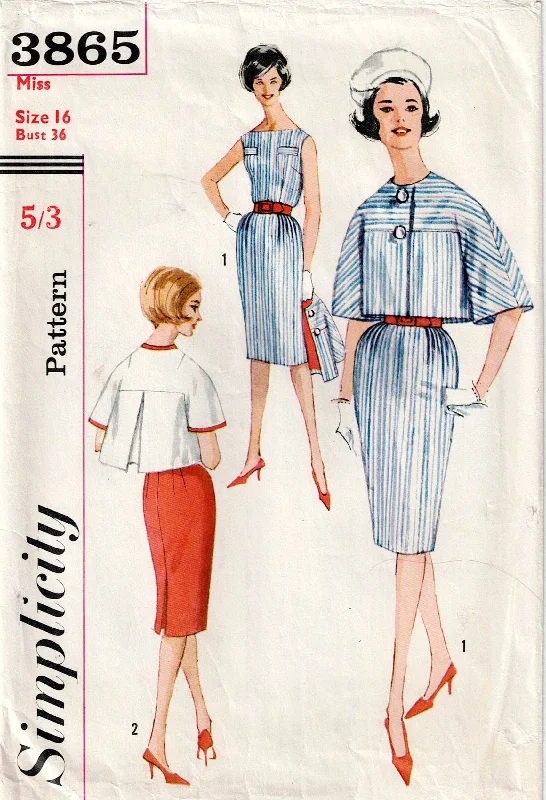 Simplicity 3865 RARE Womens Slim Dress & Back Pleated Box Bolero 1960s Vintage Sewing Pattern Size 16 Bust 36 inches Simplicity 3865 RARE Womens Slim Dress & Back Pleated Box Bolero 1960s Vintage Sewing Pattern Size 16 Bust 36 inches