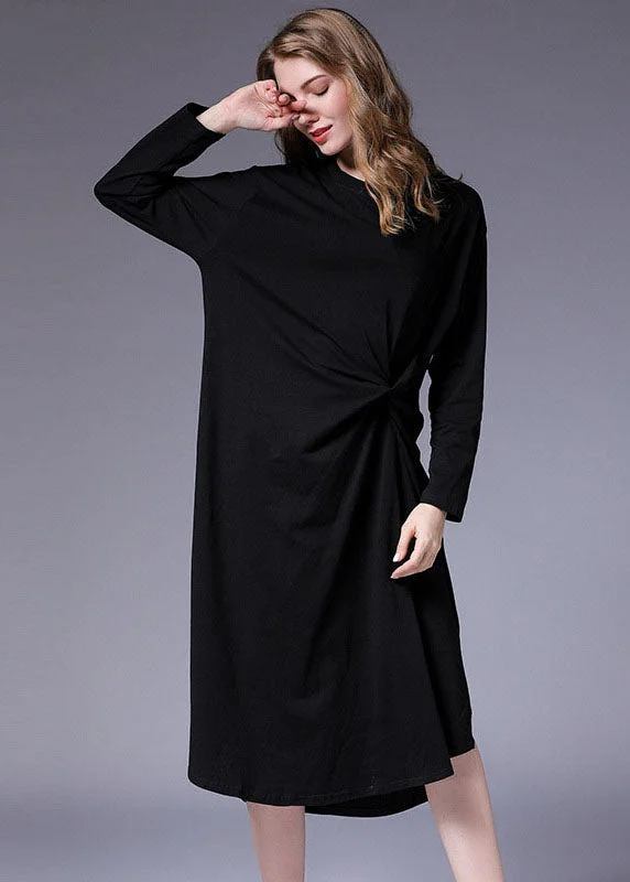 Vintage Black wrinkled asymmetrical design Side open Long Dresses Fall