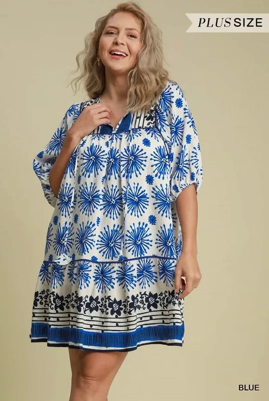 Blue Mixed Border Print Dress