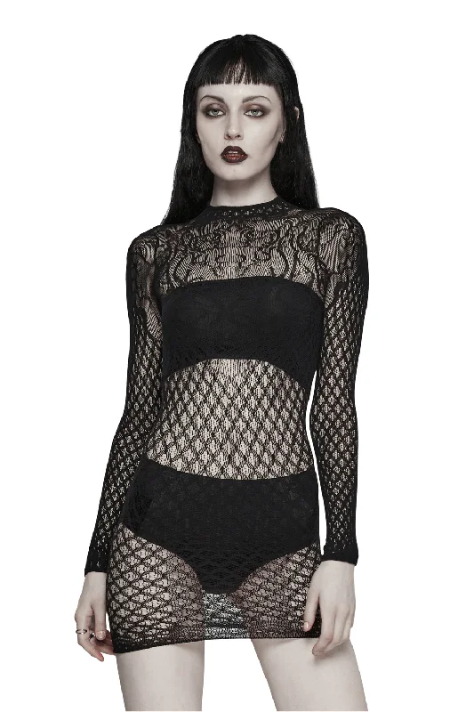 Gothic Black Mesh Dress with Vine Lace Details