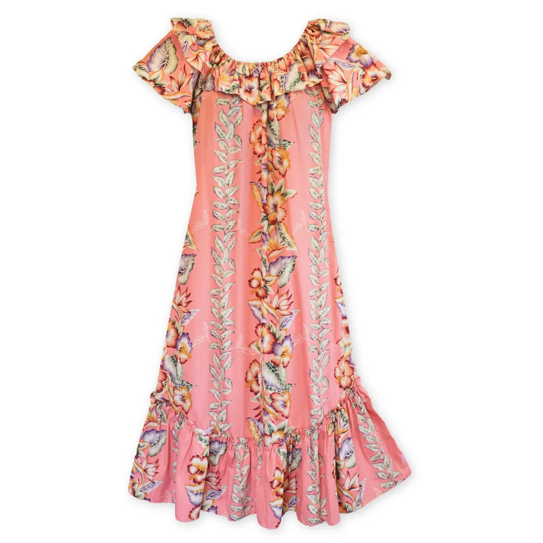 Lei of Aloha Coral Long Ruffle Hawaiian Muumuu Dress