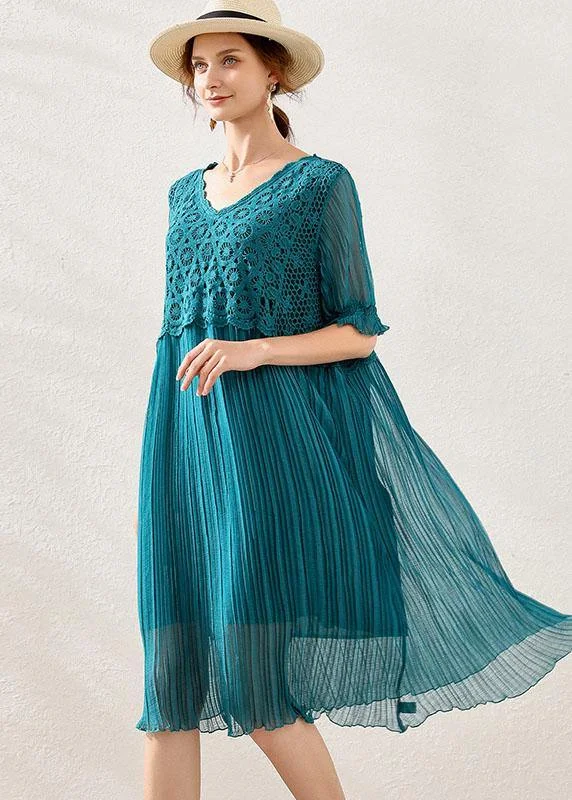 Women Peacock blue Chiffon A Line Spring Long Dresses Short Sleeve