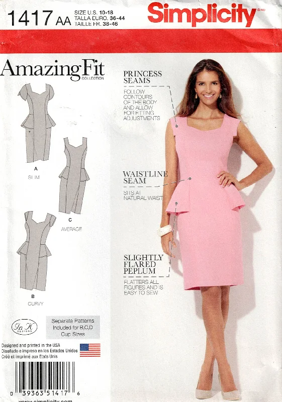 Simplicity 1417 AMAZING FIT Womens Fitted Princess Peplum Dress Out Of Print Sewing Pattern Size 10 - 18 UNCUT Factory Folded Simplicity 1417 AMAZING FIT Womens Fitted Princess Peplum Dress Out Of Print Sewing Pattern Size 10 - 18 UNCUT Factory Folded