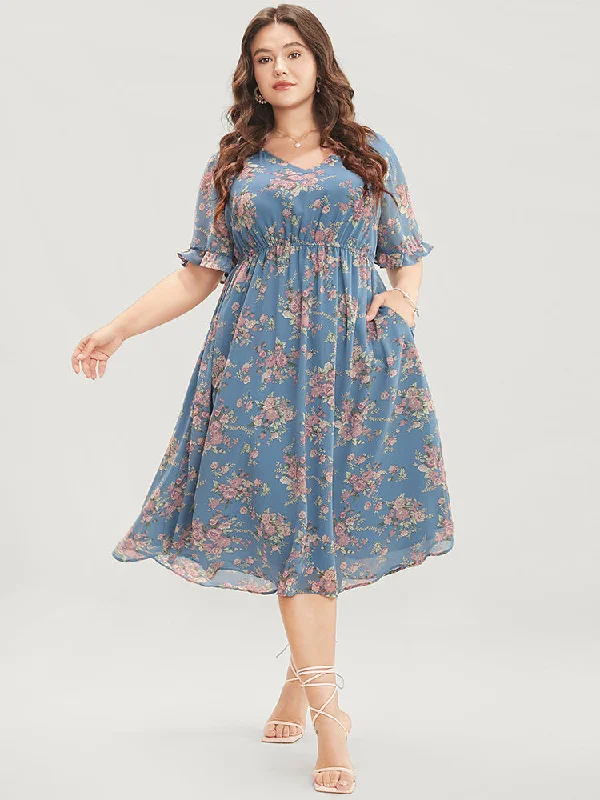 Floral Print V Neck Elastic Waist Mesh Pocket Ruffles Dress