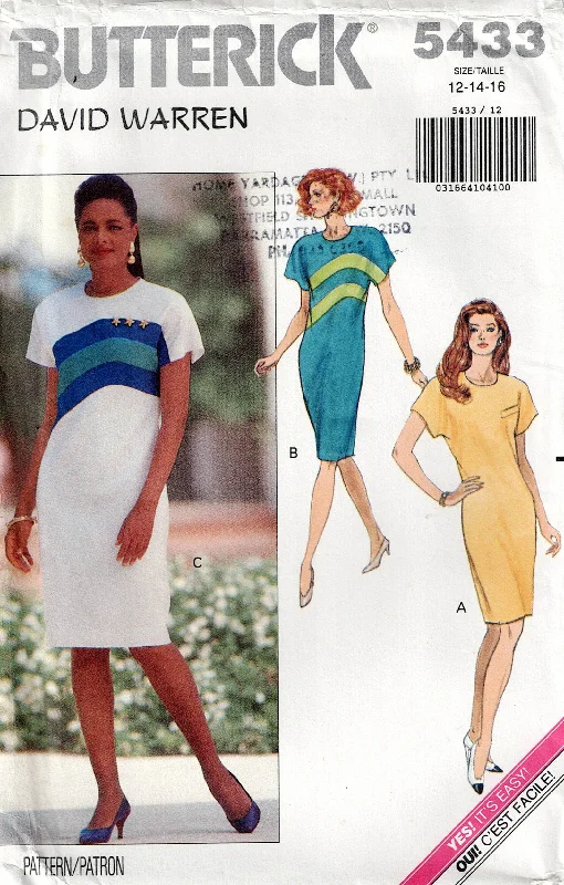 Butterick 5433 DAVID WARREN Womens Colour Block Dress 1990s Vintage Sewing Pattern Size 12 - 16 UNCUT Factory Folded