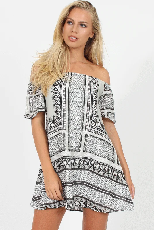 Light Grey Print Bardot Dress - July