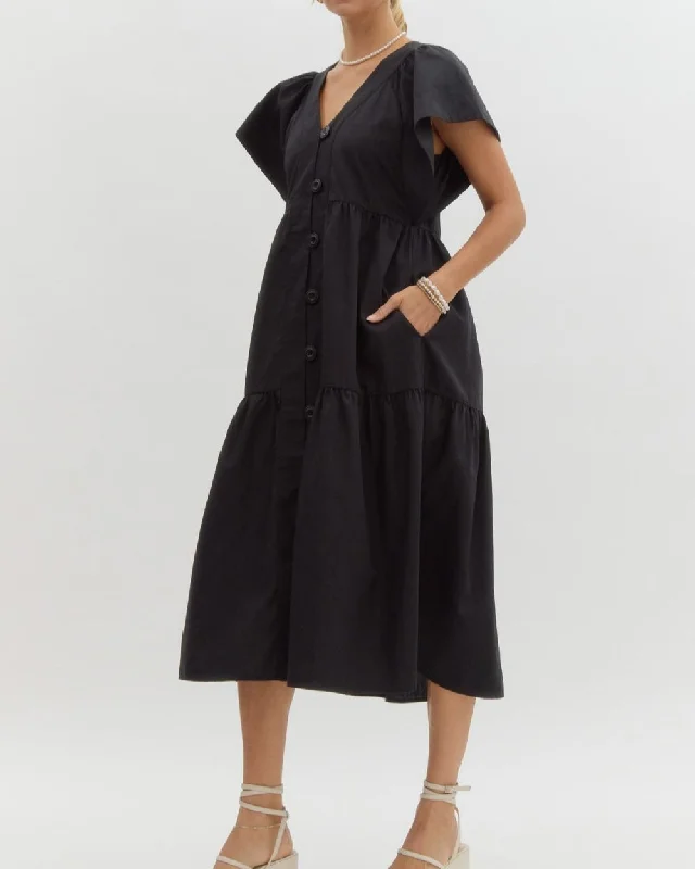 CALLIE LONG BUTTON-UP DRESS - BLACK