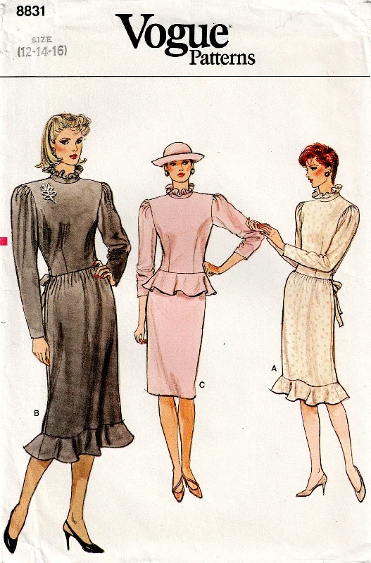 Vogue 8831 Womens Ruffled Peplum Dress 1980s Vintage Sewing Pattern Size 12 - 16 UNCUT Factory Folded Vogue 8831 Womens Ruffled Peplum Dress 1980s Vintage Sewing Pattern Size 12 - 16 UNCUT Factory Folded