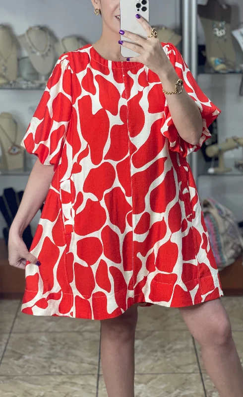 Tomato Red Abstract Print Dress