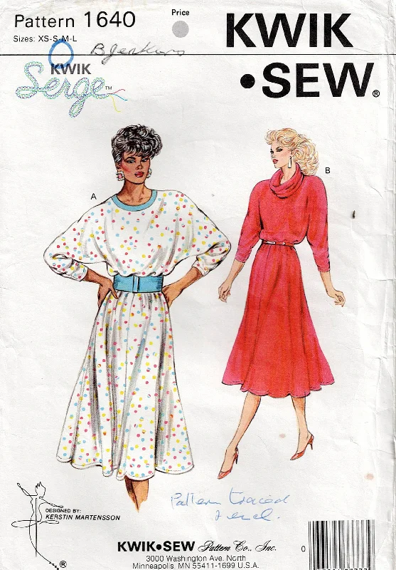 Kwik Sew 1640 Womens Stretch Full Skirt Dolman Sleeve Dress with Optional Cowl Collar 1980s Vintage Sewing Pattern Size XS - L UNCUT Factory Folded Kwik Sew 1640 Womens Stretch Full Skirt Dolman Sleeve Dress with Optional Cowl Collar 1980s Vintage Sewing Pattern Size XS - L UNCUT Factory Folded