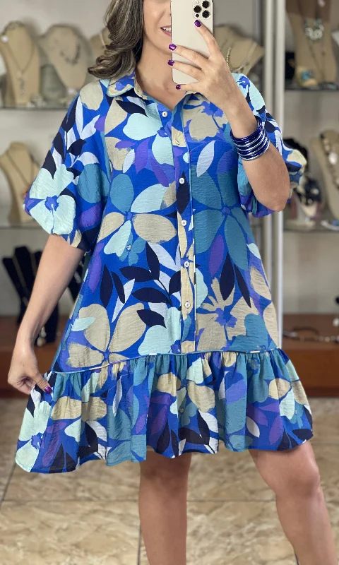 Blue Mix Puff Sleeve Floral Dress