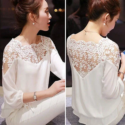 2019 New Sexy Fashion Women Hollow Out Lace Chiffon Blouse Casual Ladies Elegant Lace Shirt Chic Button-Up Short Shirt