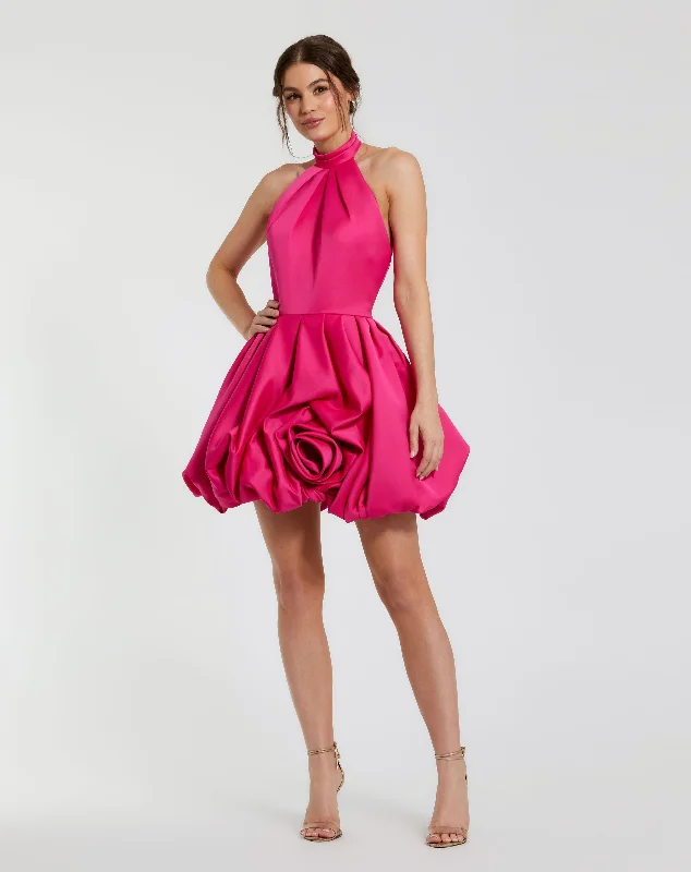 Satin High Neck Bubble Hem Mini Dress Elegant Satin Mini Dress