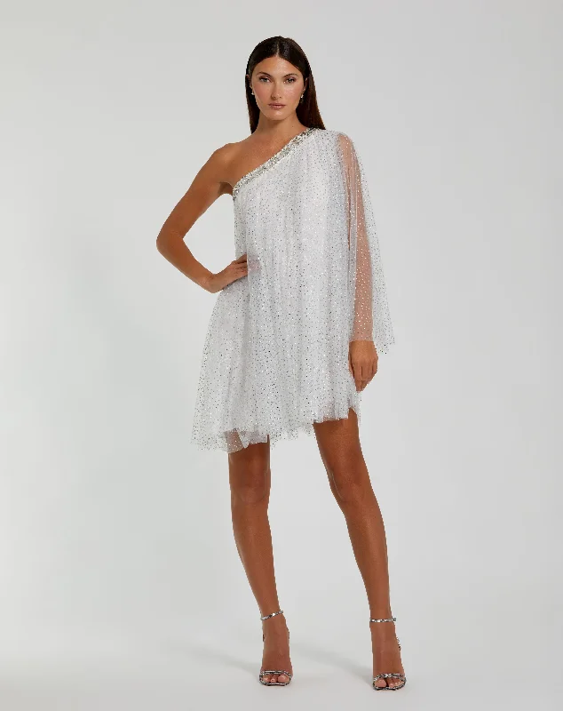 One Shoulder Embellished Tulle Mini Dress Fashionable Mini Dress with Slits