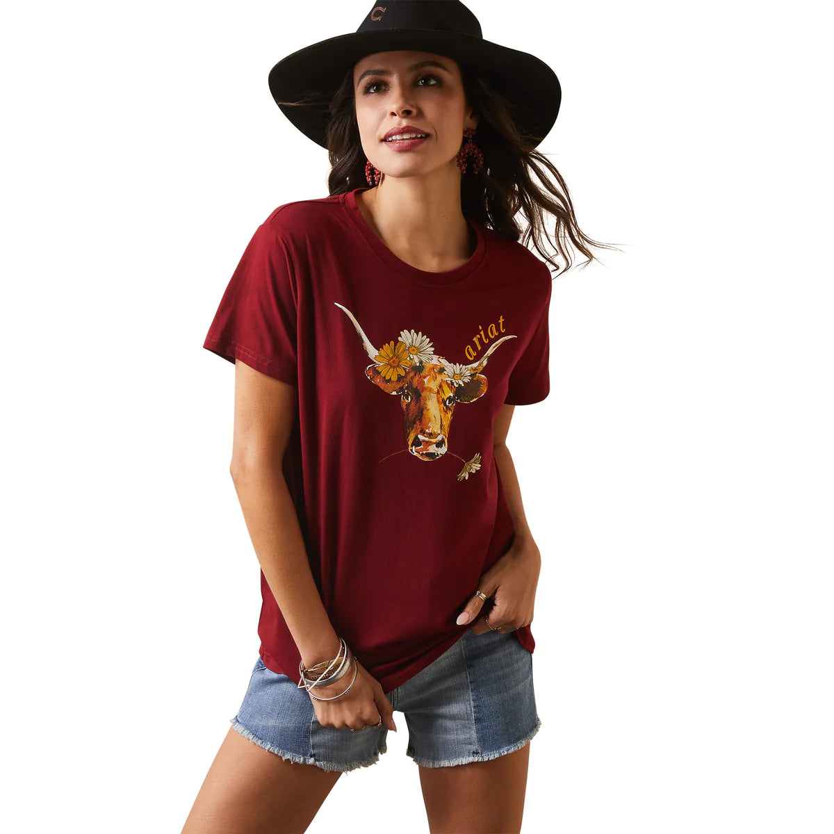 Ariat Real Daisy Steer Tee Shirt - POMEGRANATE Comfortable Short Sleeve Blouse