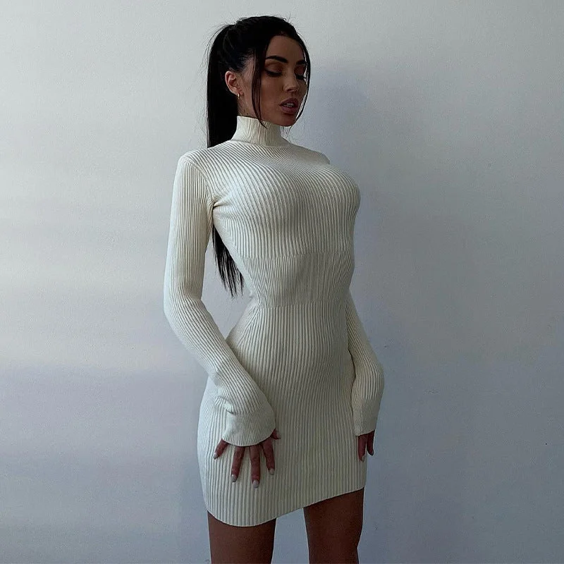 Ashley Long Sleeve High Neck Knitted Mini Dress Comfortable Wrap Mini Dress