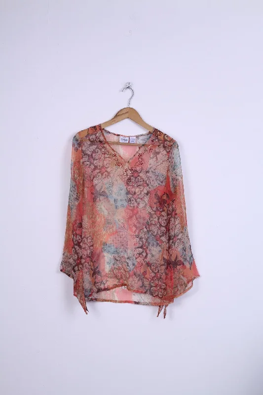 B.MOSS Womens S Shirt Long Sleeve C-thru Transparent Boho Vintage Comfortable Flowing Short Sleeve