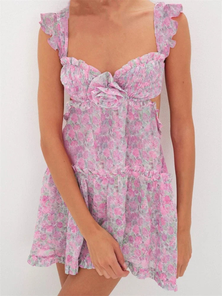 Exquisite 3D Flowers Patchwork Mini Dresses Trendy Tie-Dye Mini Dress