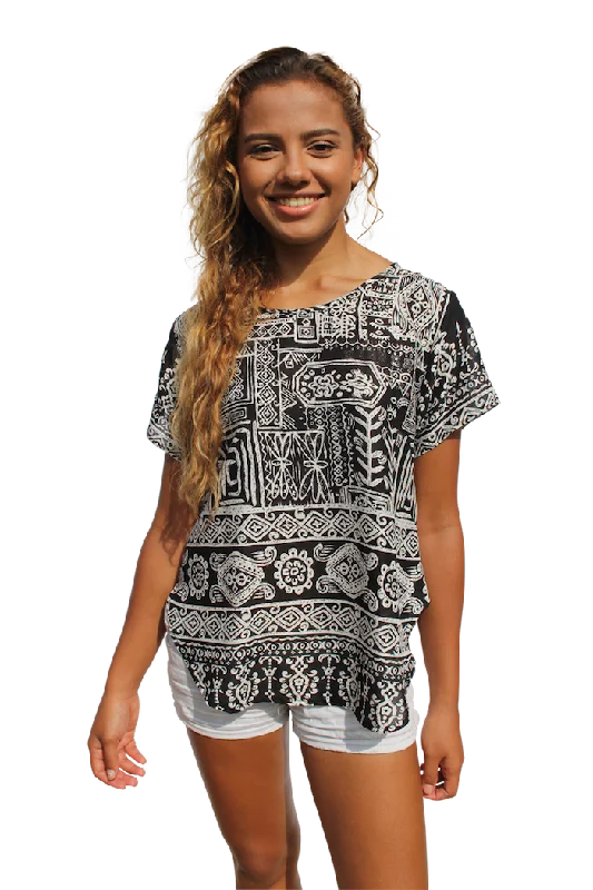 Black Aztec Women's Shirt Trendy Turtleneck Short Shirt