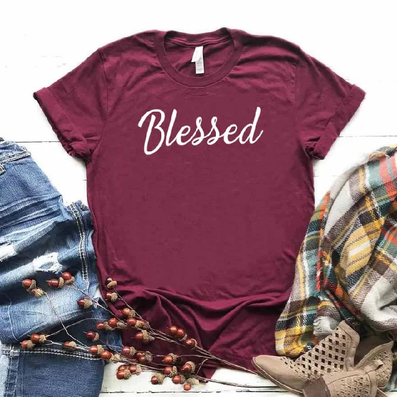 Blessed Letter Print T Shirt Women Short Sleeve O Neck Loose Tshirt 2020 Summer Fashion Women Tee Shirt Tops Chic Embellished Short Sleeve