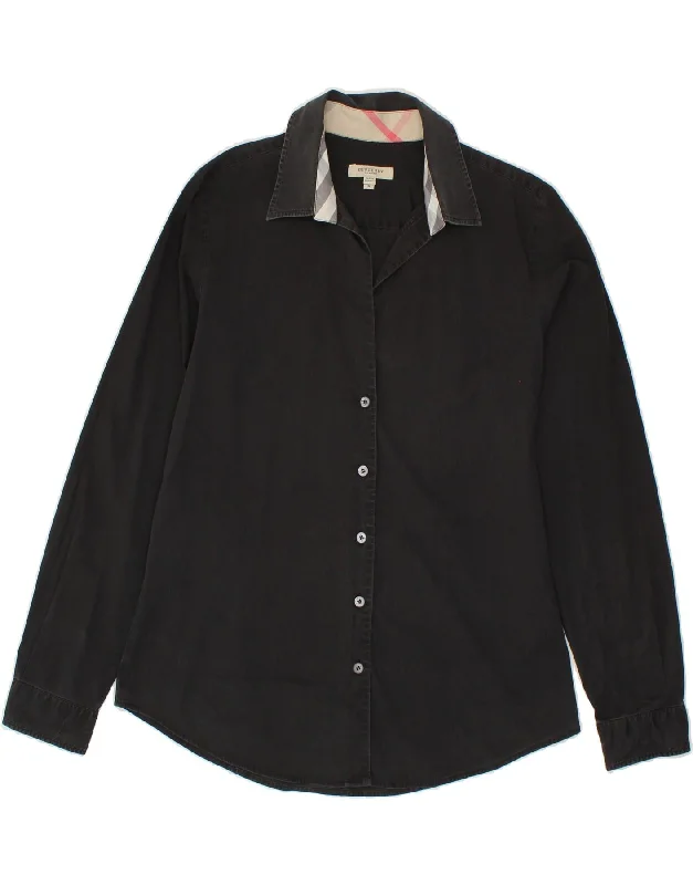 BURBERRY Womens Shirt UK 14 Medium Black Cotton Chic Button-Up Short Shirt