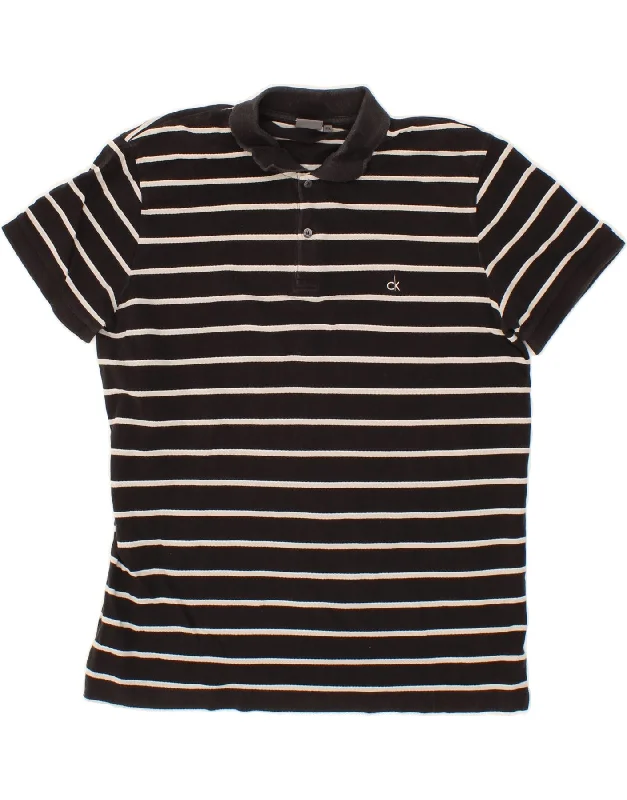 CALVIN KLEIN Womens Polo Shirt UK 20 2XL Black Striped Cotton Comfortable Pocket Short Shirt