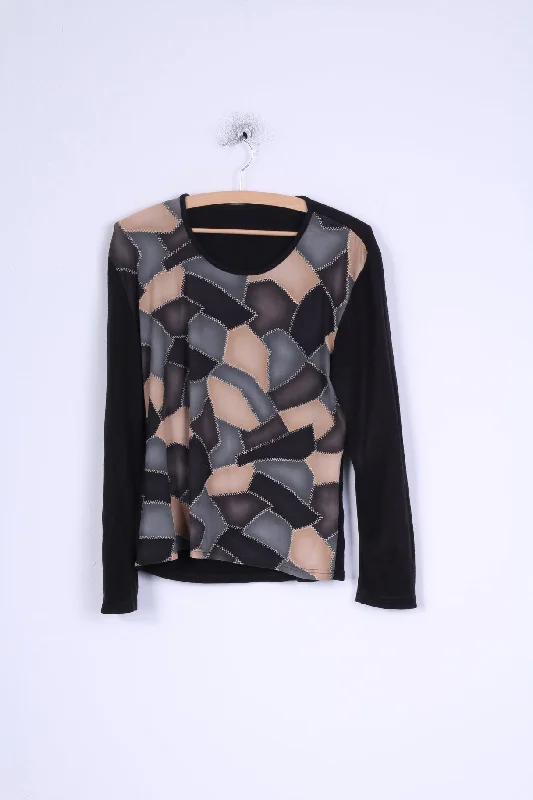 Unkown Womens M Shirt Black Patchwork nStretch Acrylic Wool Blend Top Italy Elegant Silk Short Shirt
