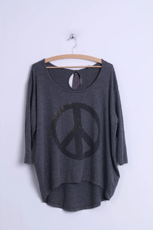 Select Womens 12 40 L Shirt Grey Cotton Graphic peace 3/4 Sleeve Top Back Tape Fashionable Cuffed Short Sleeve