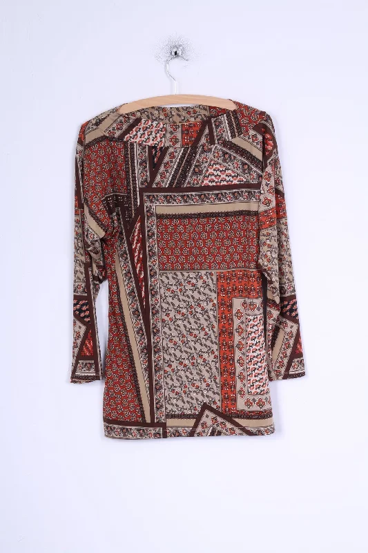 Made in Italy Womens 2 S/M Shirt Brown Pattern Viscose Stretch Fitted Top Soft Cotton Short Shirt