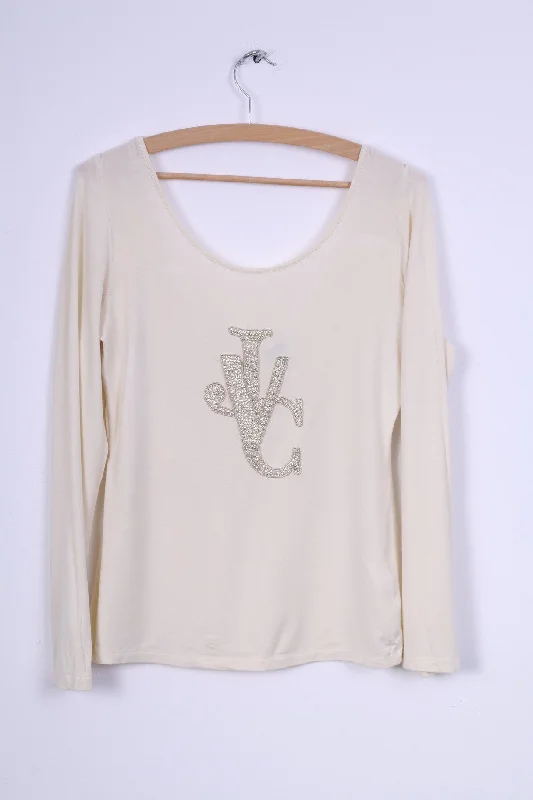 Versace Jeans Couture Womens M Shirt Cream Stretchy Big Necline Chic V-Neck Short Blouse