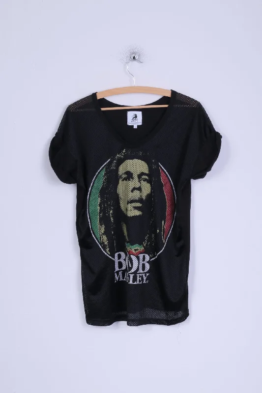Zion Rootswear Atmosphere Womens 10 M Shirt Black Bob Marley Mesh V Neck Soft Silk Short Sleeve